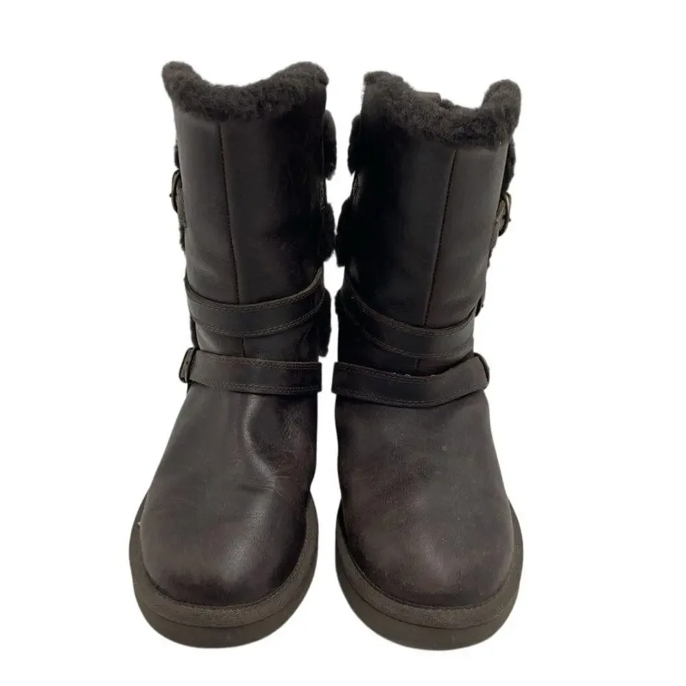 UGG Australia Chocolate Brown Leather Bow Buckle Mid-Calf Boot Size 7 Brand New